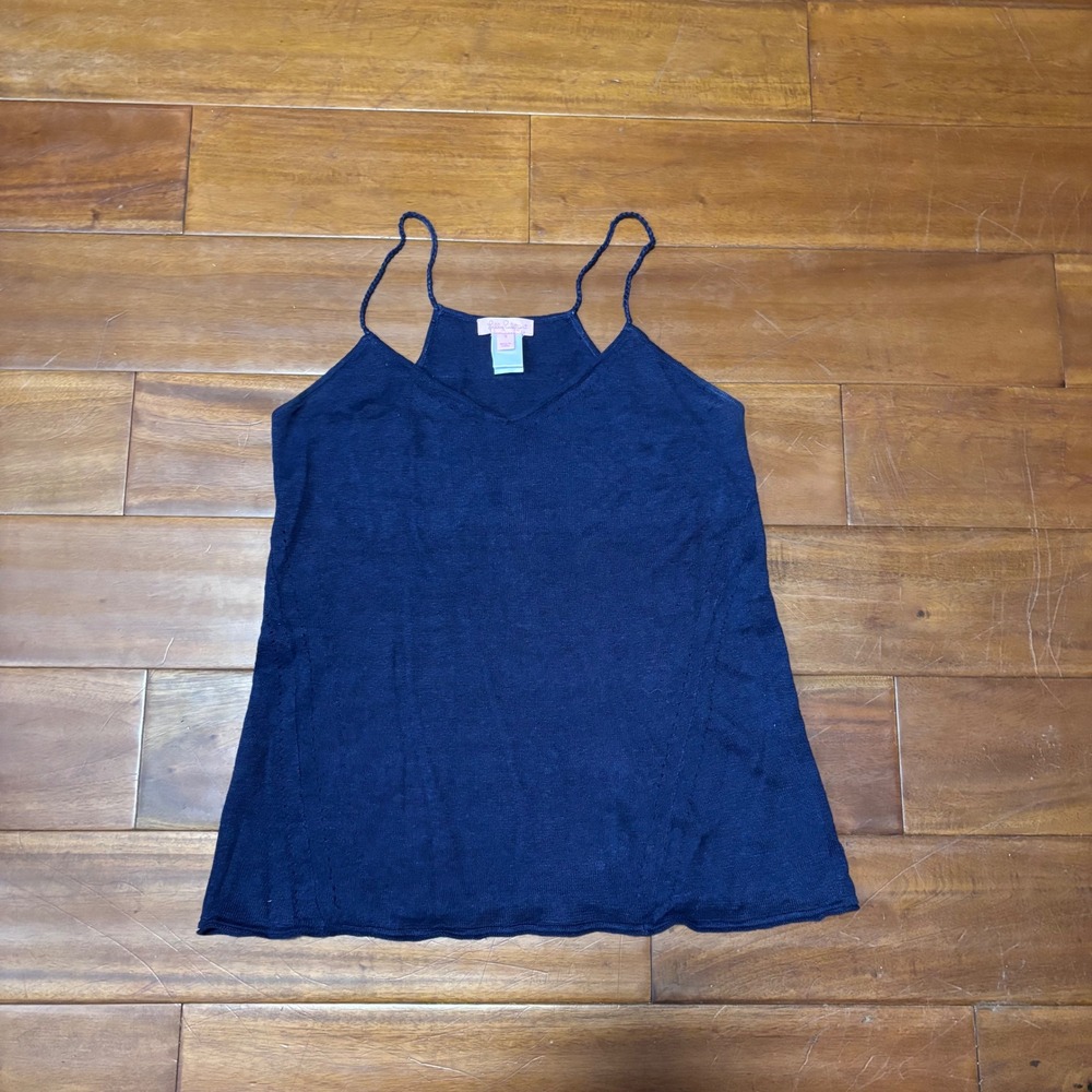 Lilly Pulitzer Navy Blue 100% Linen Knit Cami Tank Top‎ Braided Straps Small